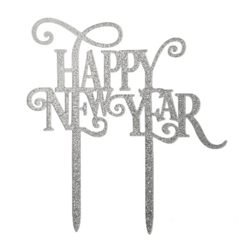 Cake topper happy new year zilver