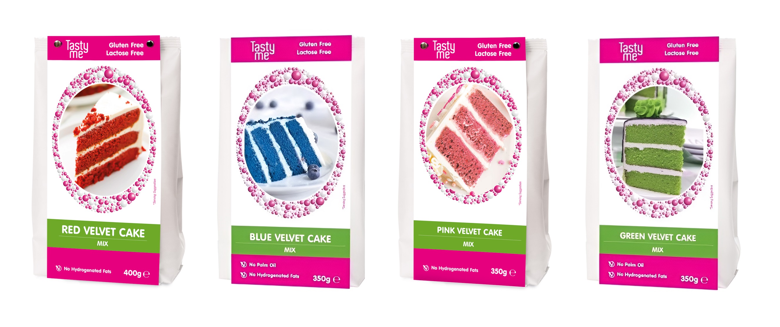 Glutenvrije bakmixen red velet, blue velvet, pink velvet en green velvet