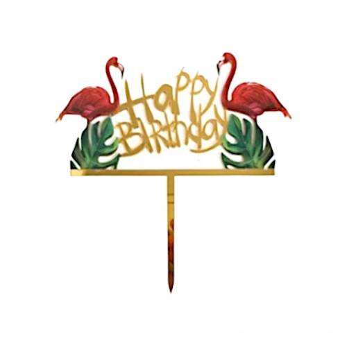 Cake topper happy birthday flamingo goud
